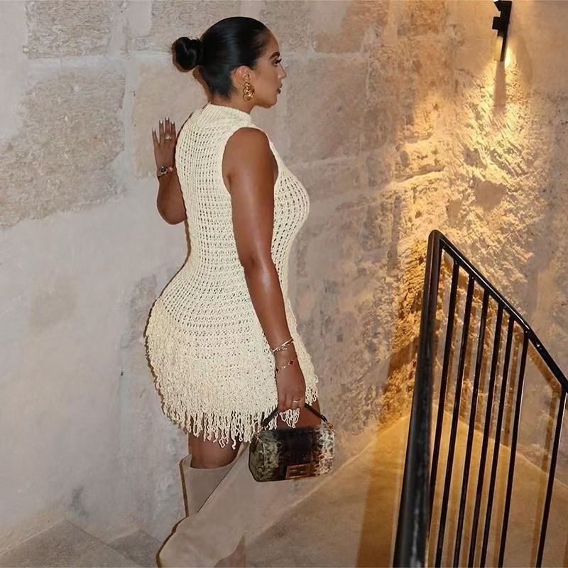 Women Summer Sexy Sleeveless Tassel Hollow Elegant Patchwork Dress 10