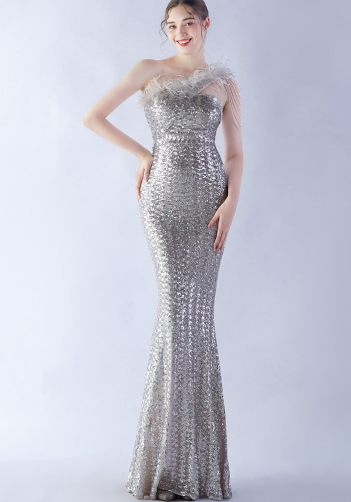 Luxury Sequin Slash shoulder Sleeveless Mermaid Plus Size Formal Party Evening Dress