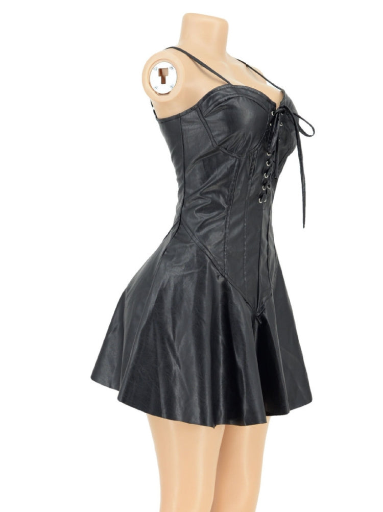 Women Spring Black Vintage Sleeveless Solid PU Leather Mini Casual Dresses 4
