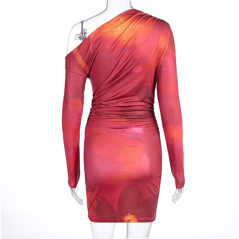 Women's Fall Winter Fashion Printed Slash Shoulder Long Sleeve Slim Bodycon Dress 6