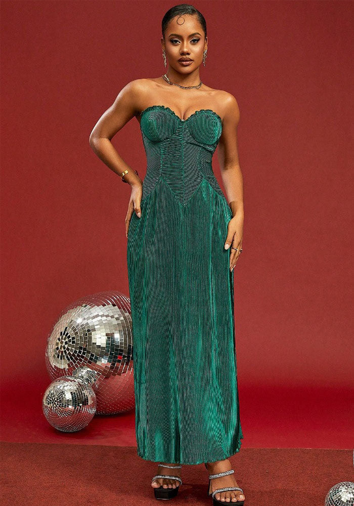 Women sexy pleated Strapless pleated suspender Maxi Dress