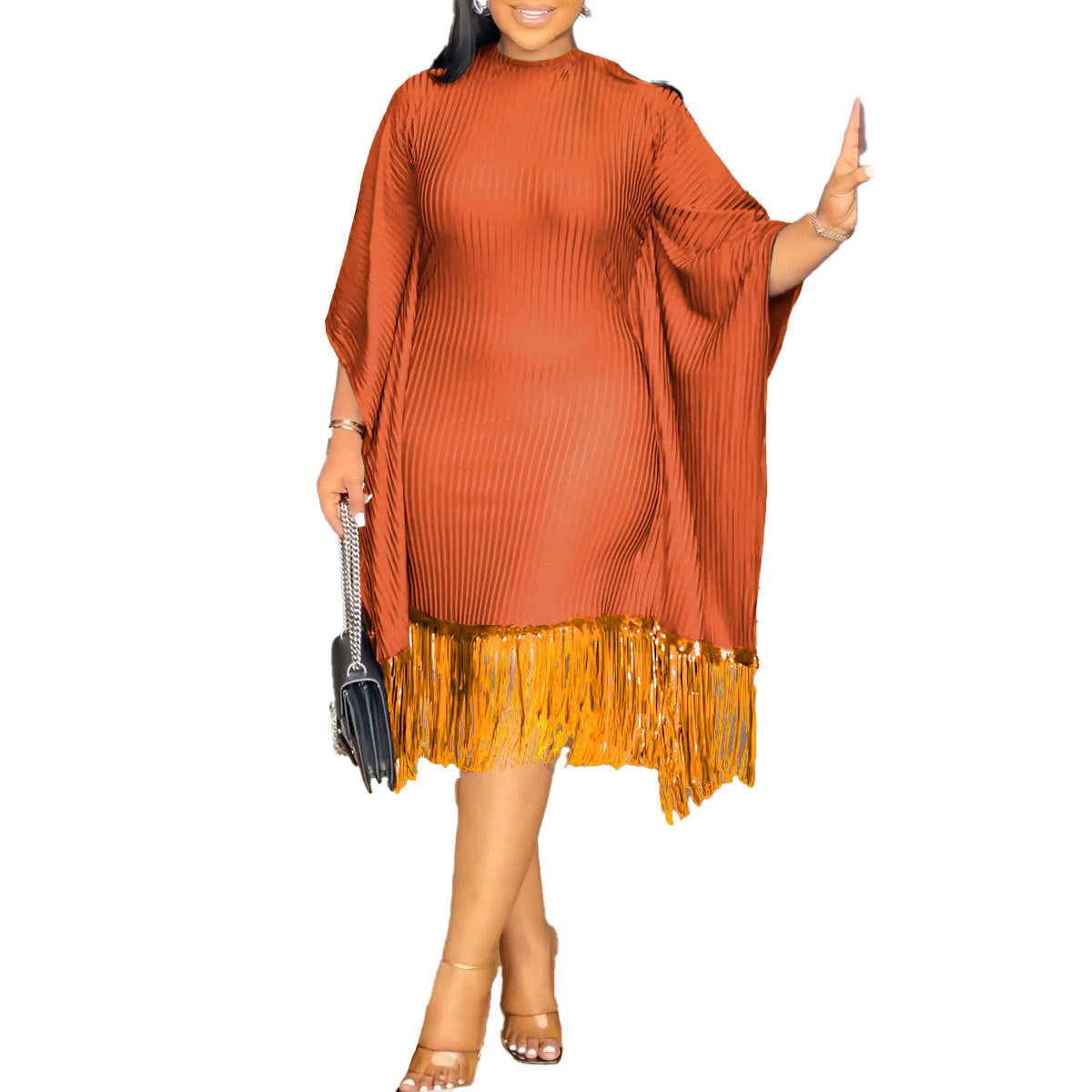 Sequin Tassel Bat Sleeves Elastic Bodycon Dress 16