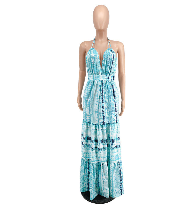 Women Clothes Summer Print Halter Strap Backless Casual Maxi Dress 11
