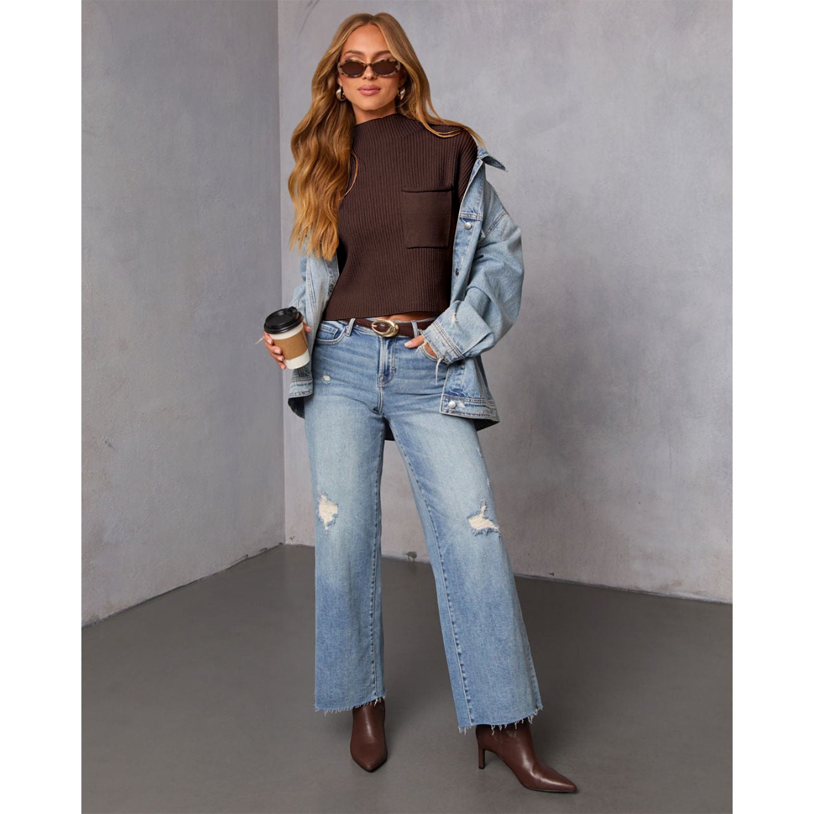 Women's Solid Color Knit Ribbed High-Neck Short Sleeve Top Sweater 8