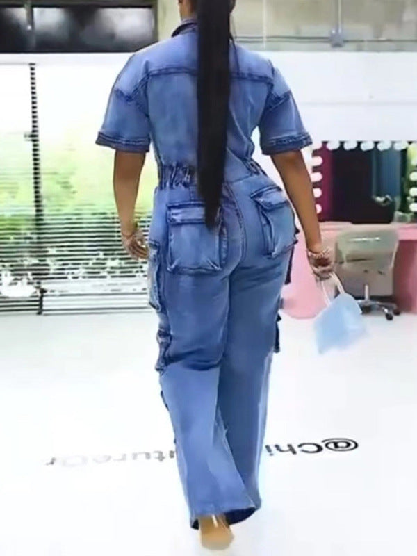 Women Cargo short sleeve Turndown Collar Denim Jumpsuit 5