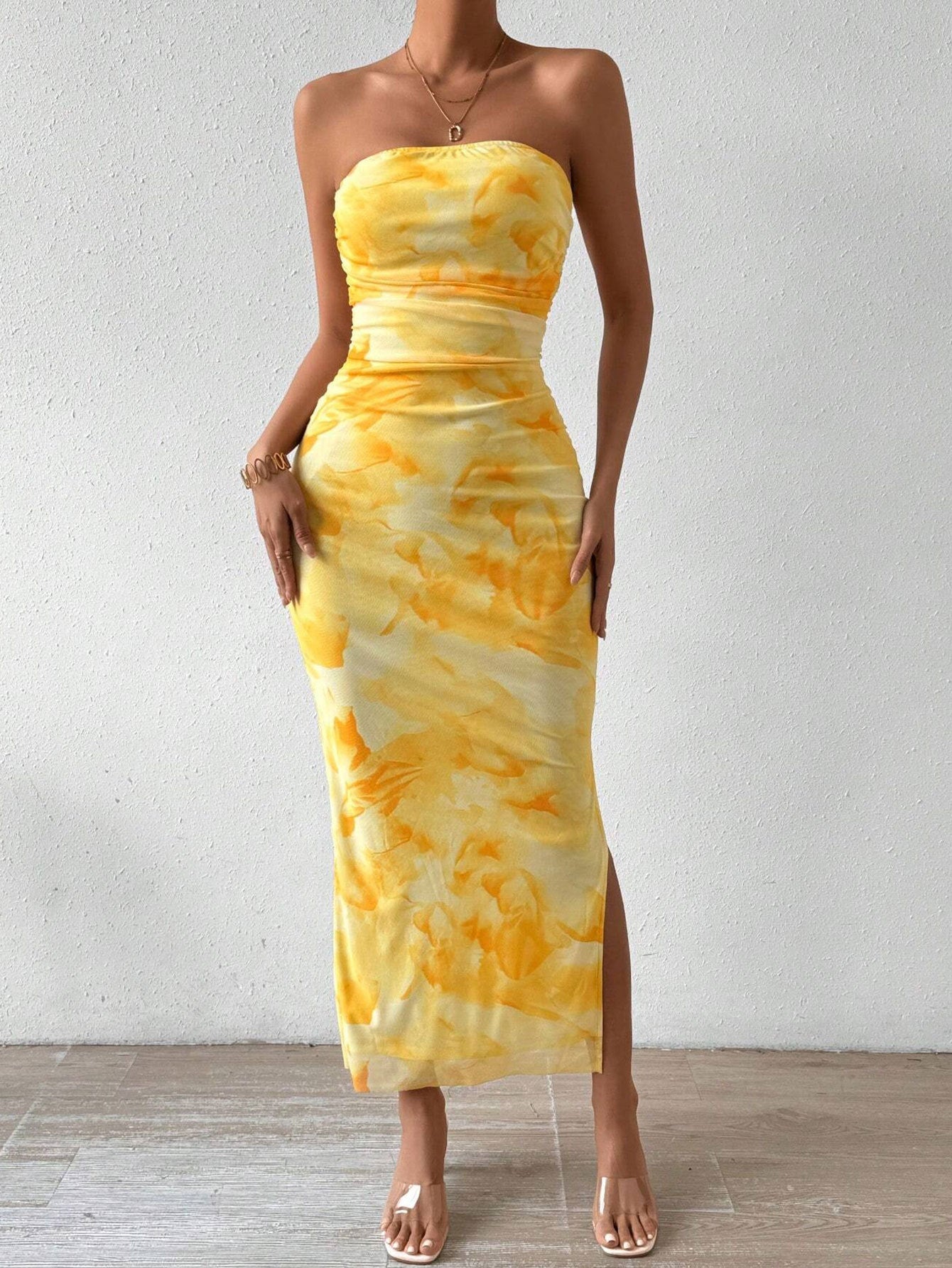 Elegant Strapless Yellow Tie-Dye Printed Side Slit Slim Summer Holidays Dress