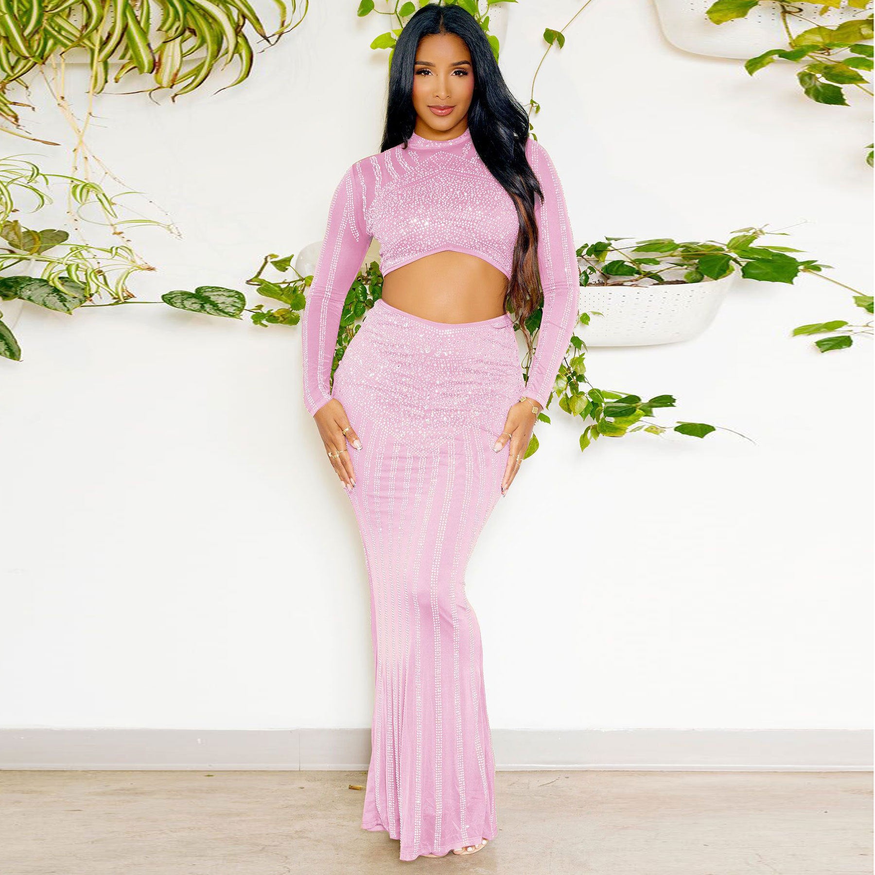 Sexy Beaded Tight Fitting Stretch Long Sleeve Top Bodycon Mermaid Skirt Suit 4