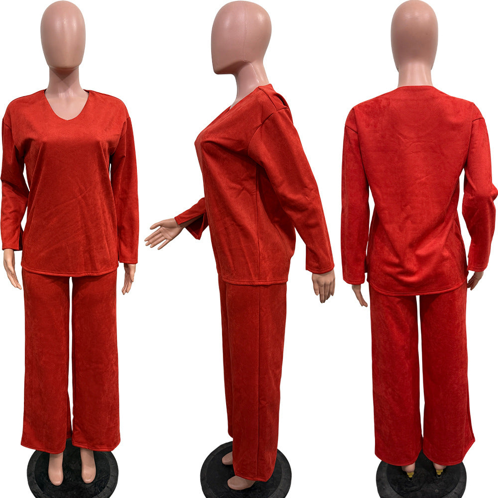 Women Solid Long-Sleeved Slit Two-Piece Set 25