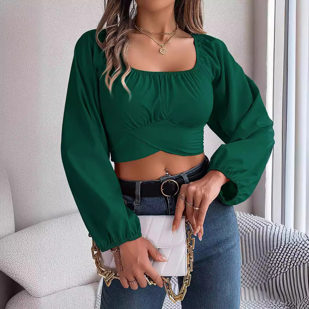 Spring/Summer Casual Lantern Sleeve Tie Slim Waist Chiffon Crop Top Women's Clothing 9