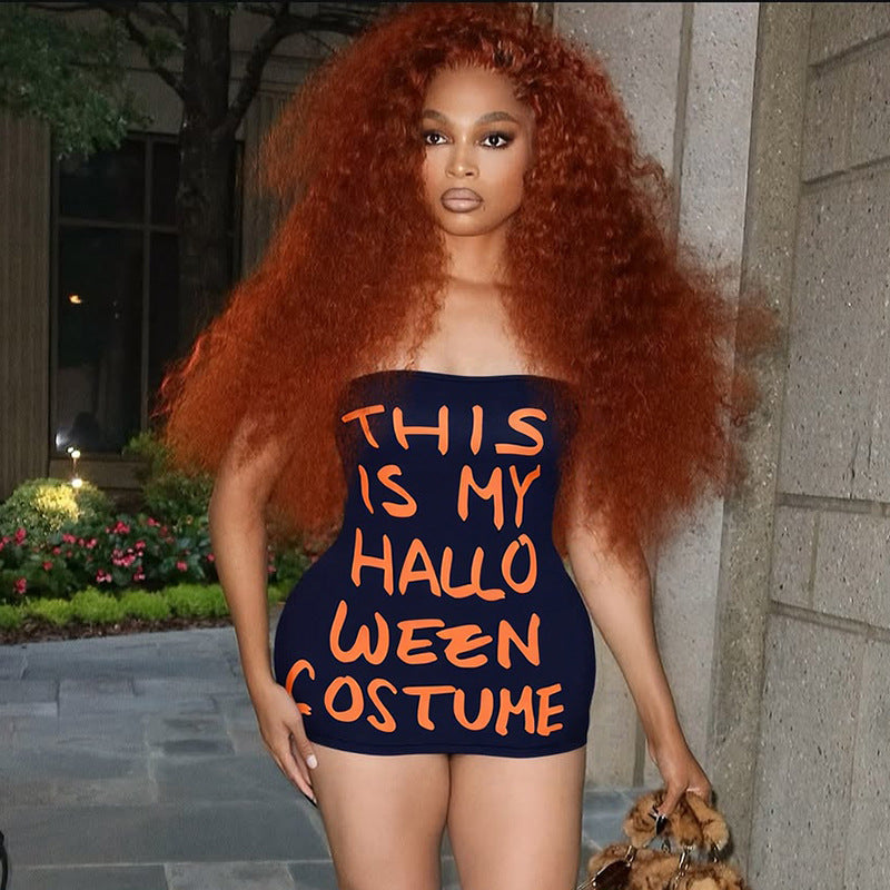 Women's Autumn Strapless Halloween Print Tight-Fitting Mini Bodycon Dress 11