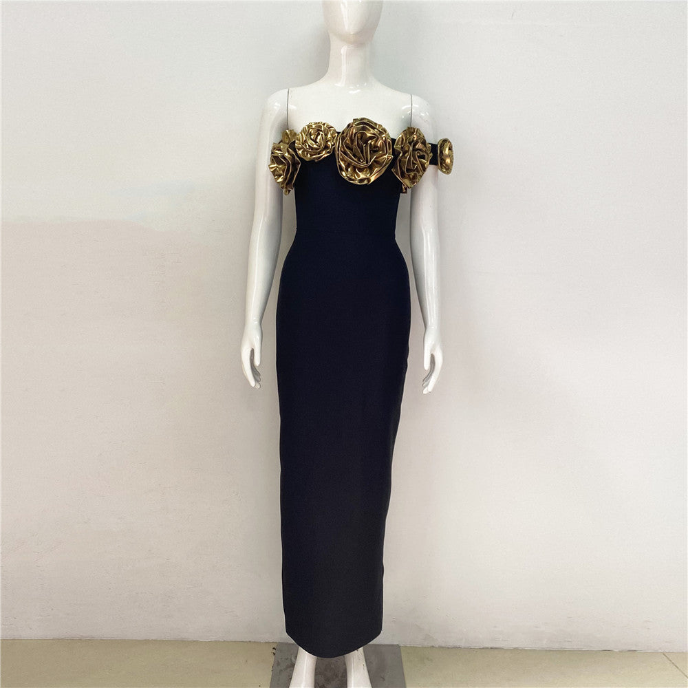 Women elegant party golden flower one-shoulder Bodycon bandage dress 10