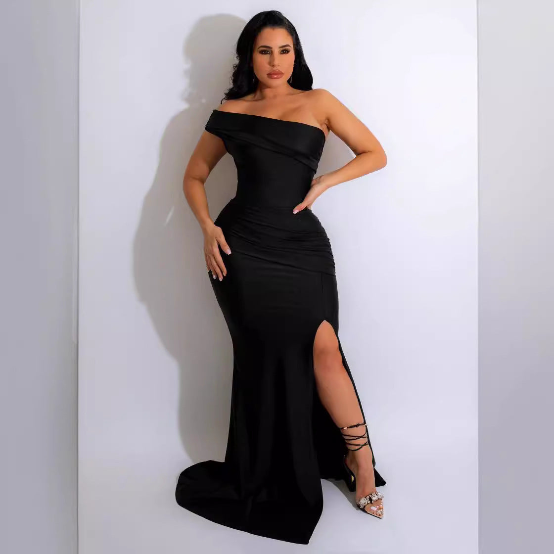 Women's Autumn Sexy Formal Dress Ruched One-Shoulder Fashion Chic Maxi Evening Gown 3