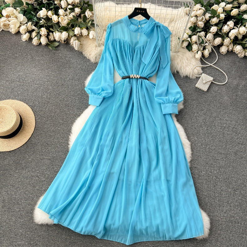 Spring Women's Bow Pleated Chiffon Puff Sleeve Long Dress 24
