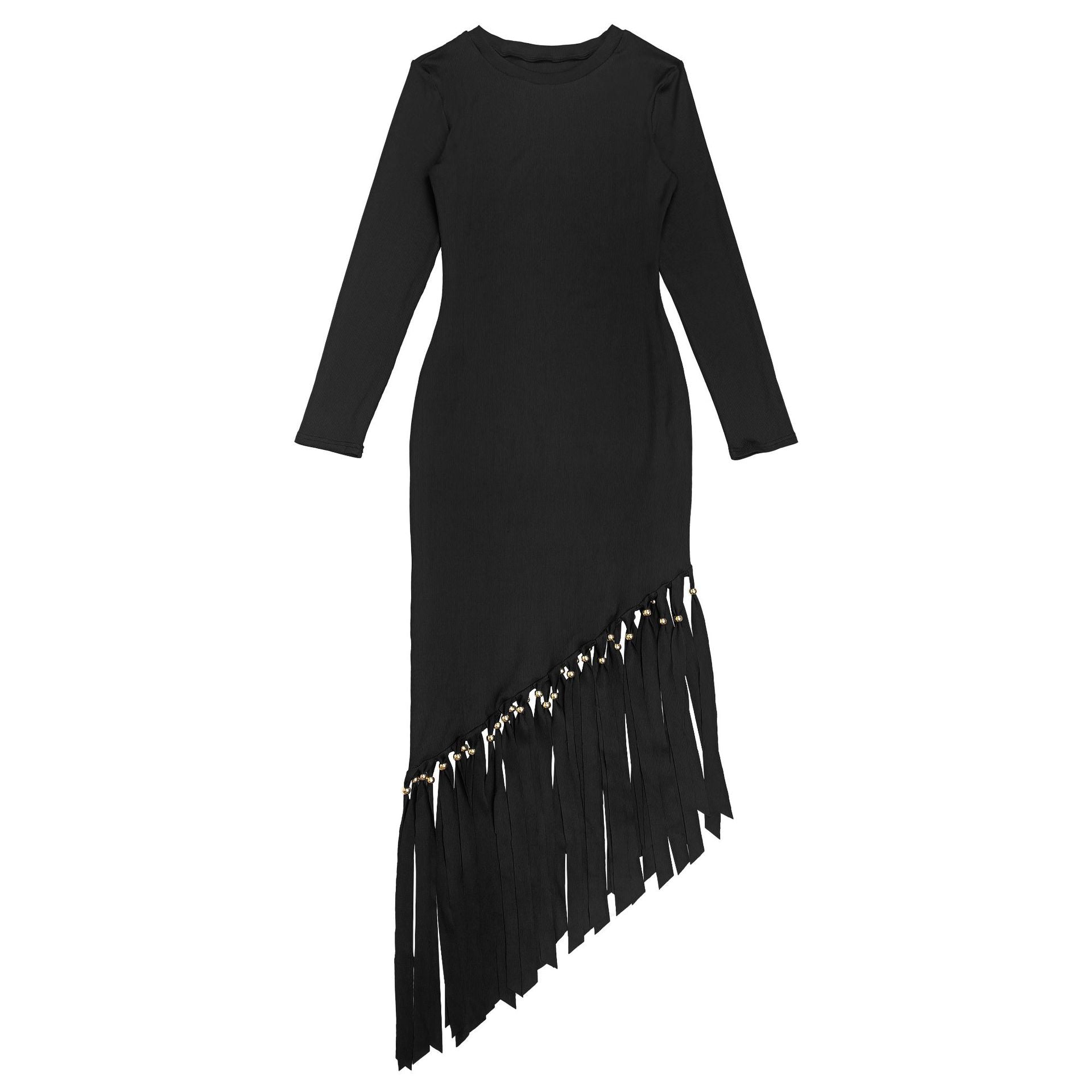 Women Solid Round Neck Tassel Dress 18