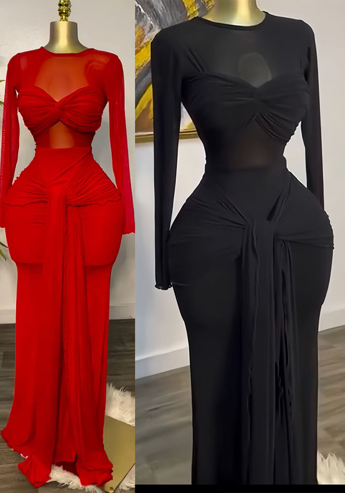 Women's Spring Solid Color Long Sleeve Round Neck Tight Fitting Long Dress