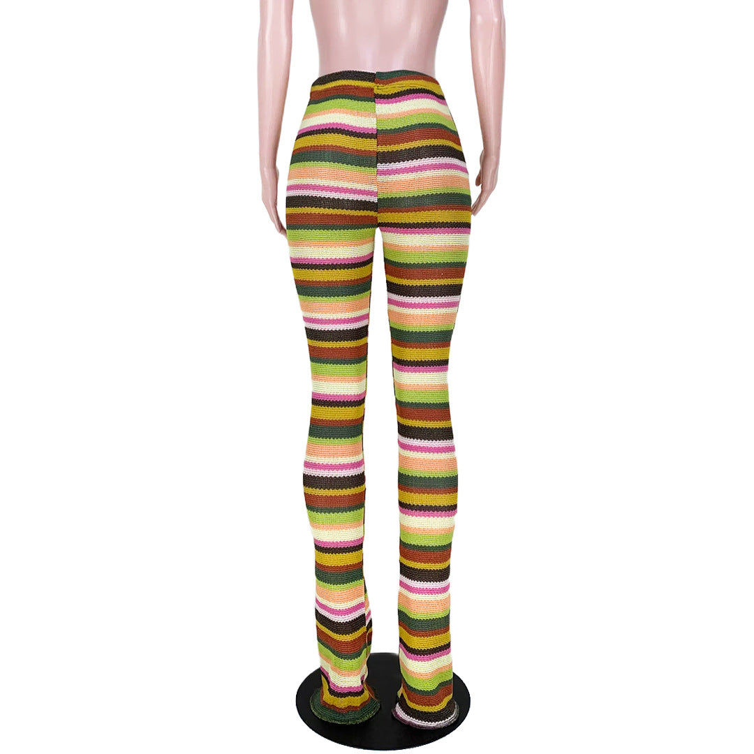 Women's Colorful Striped knitting Hollow Jacquard Fashion Pants Bell Bottom Pants 18