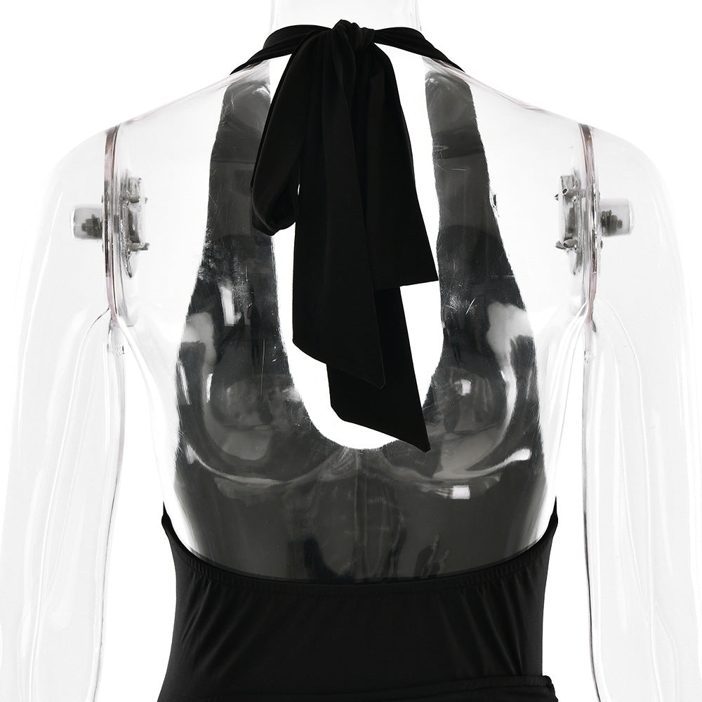 Women Halter Neck sexy slit pleated Backless jumpsuit and skirt two-piece set 16