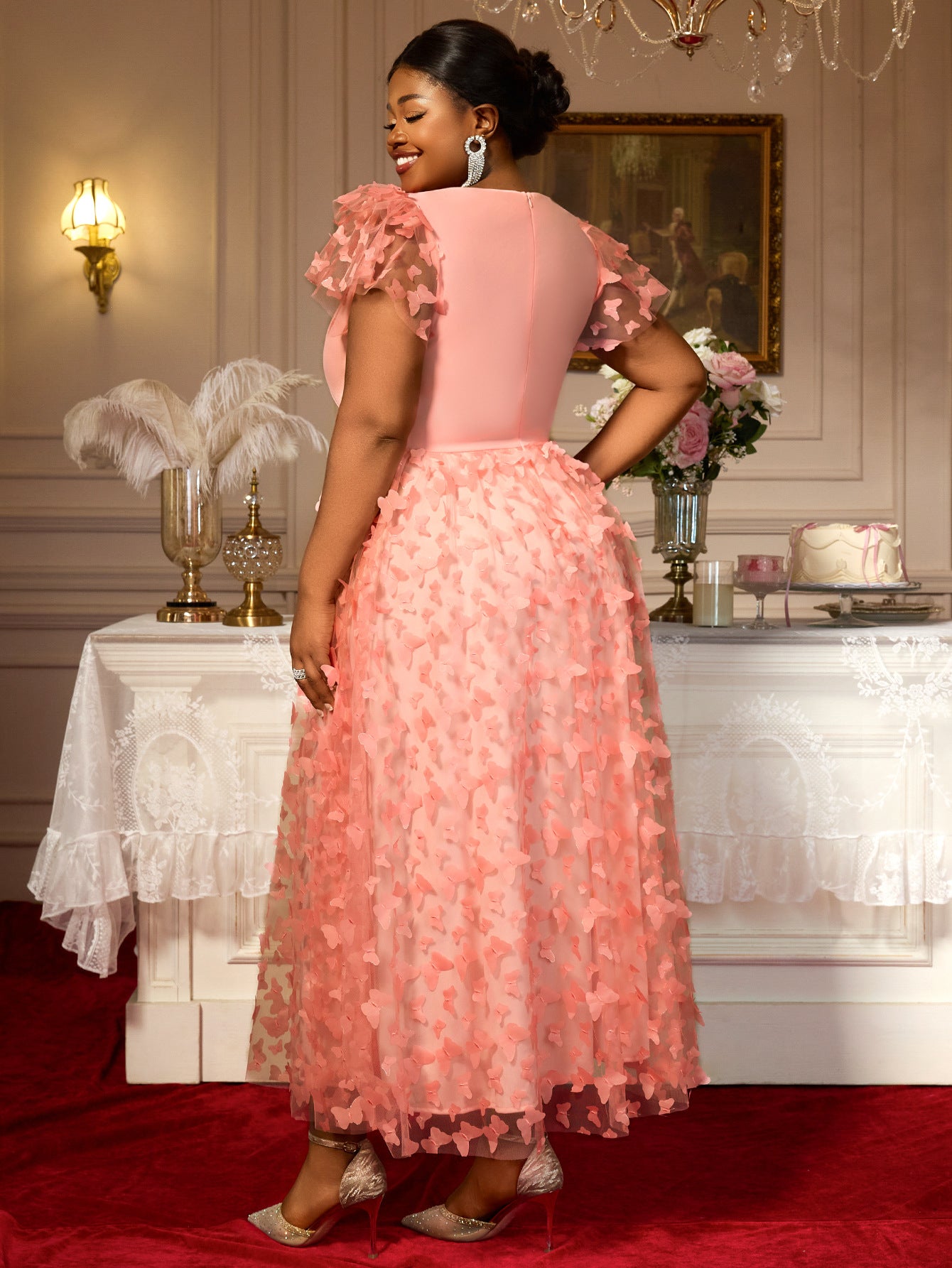 Plus-Size Women V-Neck Ruffle Sleeve Butterfly Formal Party Dress 3