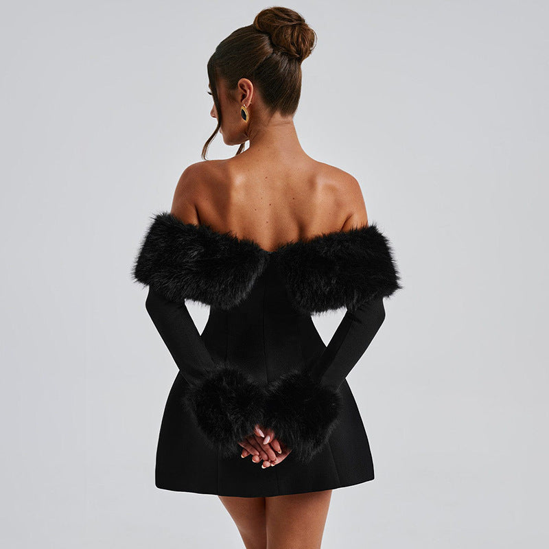 Women Fall Winter Off Shoulder fur collar sexy Dress 5