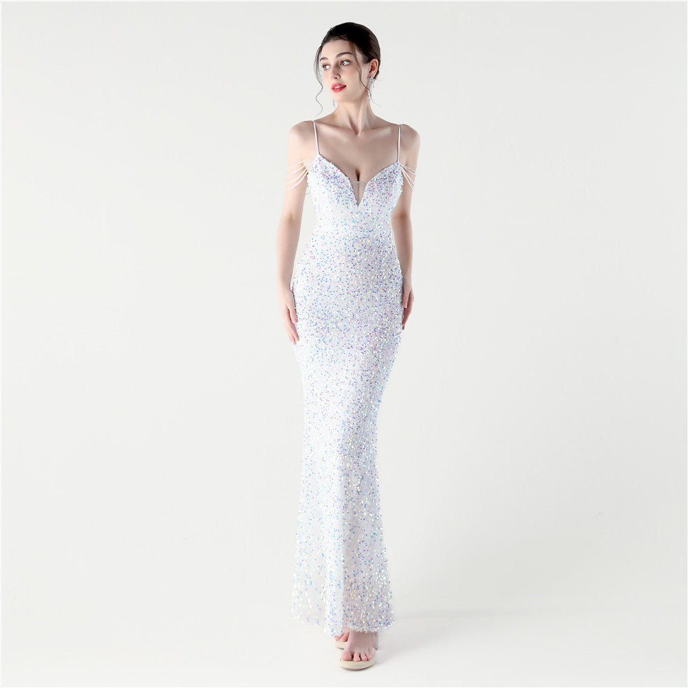 Sequin Beaded Wedding Party Dress Slim Long Evening Gown for Dinner Events