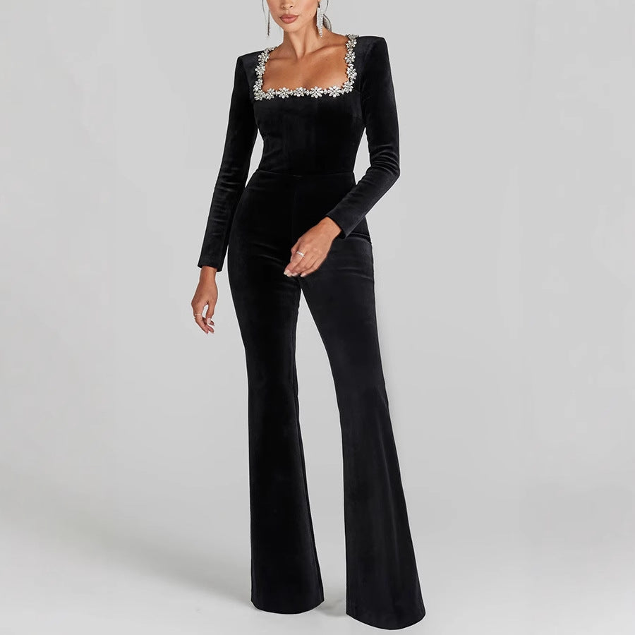 Diamond velvet square neck long sleeve high waist slim Bell Bottom Jumpsuit 5