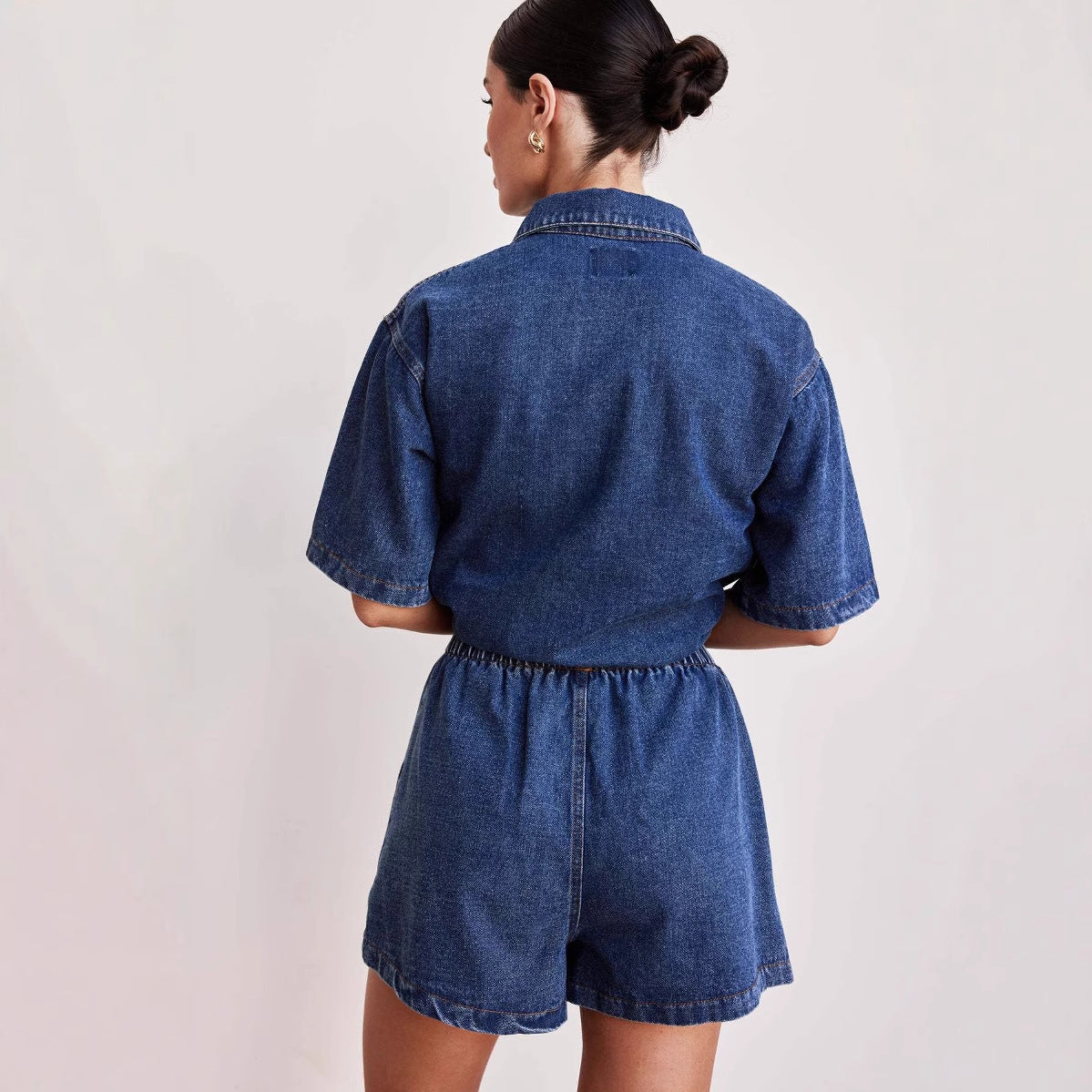 Women Retro Casual Pocket Short Sleeve Shirt and Denim Shorts two-piece set 5