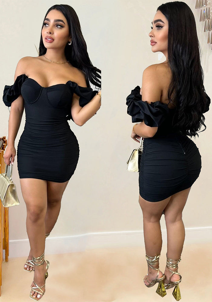Slim and sexy solid color Off Shoulder  puffy sleeves Bodycon pleated dress