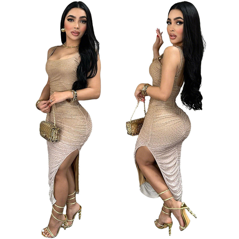 Women's Summer Sexy Low Back Beaded Bodycon Slit Dress 3