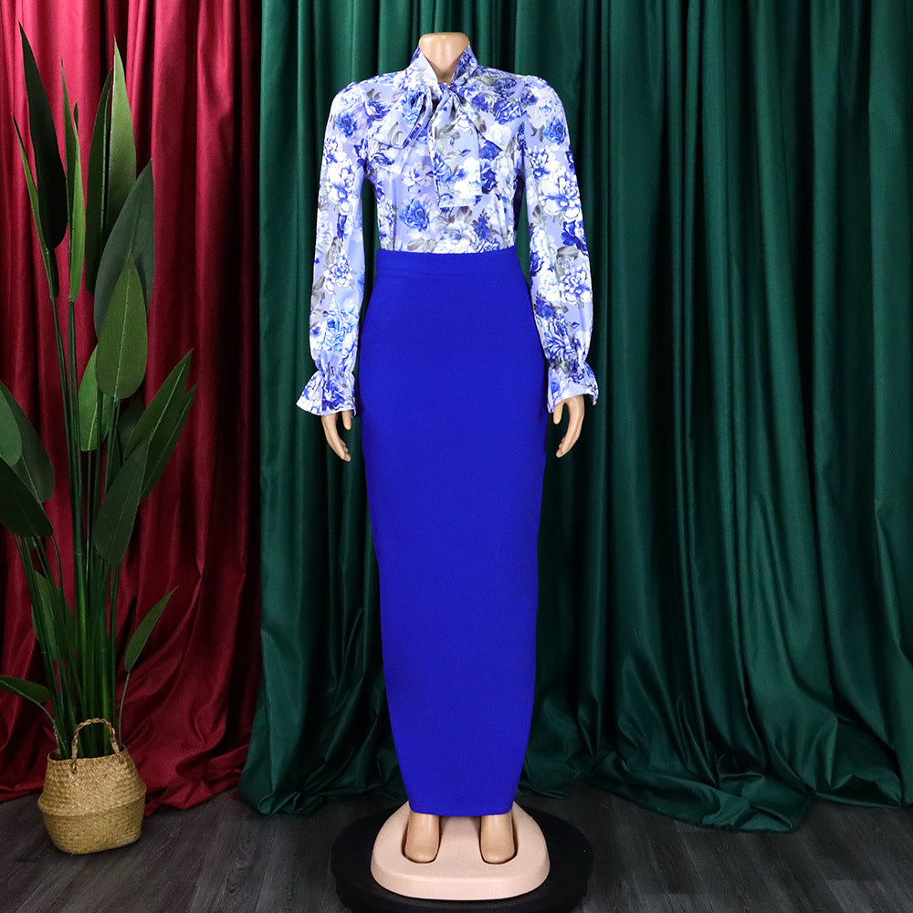 Women Printed Lace-Up Long Sleeve Shirt and Skirt Two-Piece Set 13