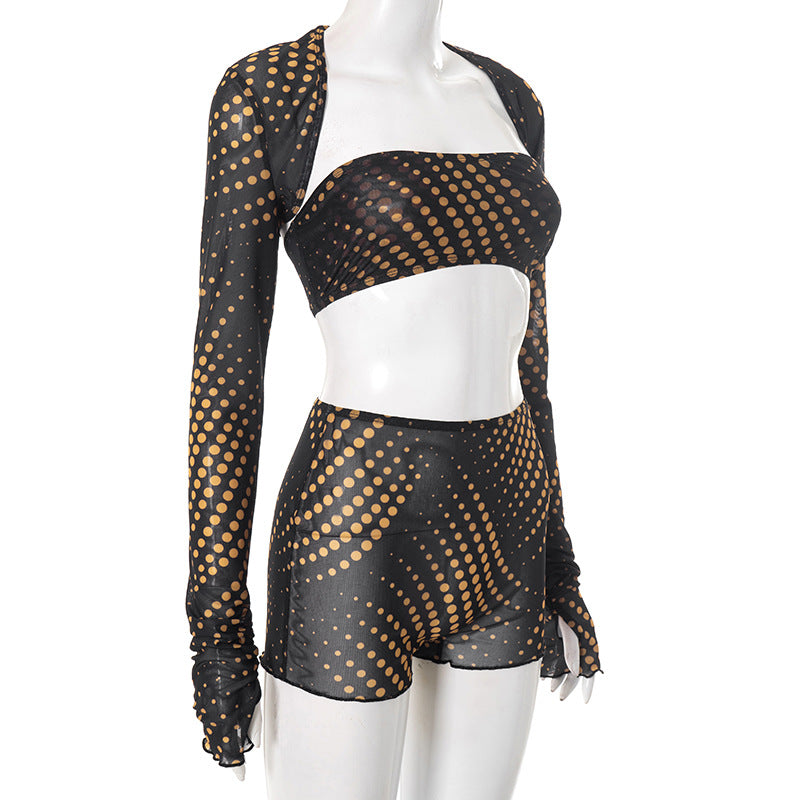 Women spring/summer fingerless strapless patchwork polka dot mesh crop top and shorts set 7