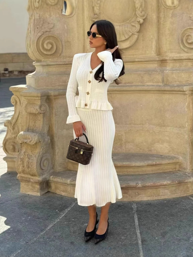 Autumn Winter Elegant Ruffled V-Neck Bodycon Fishtail Skirt Set 7