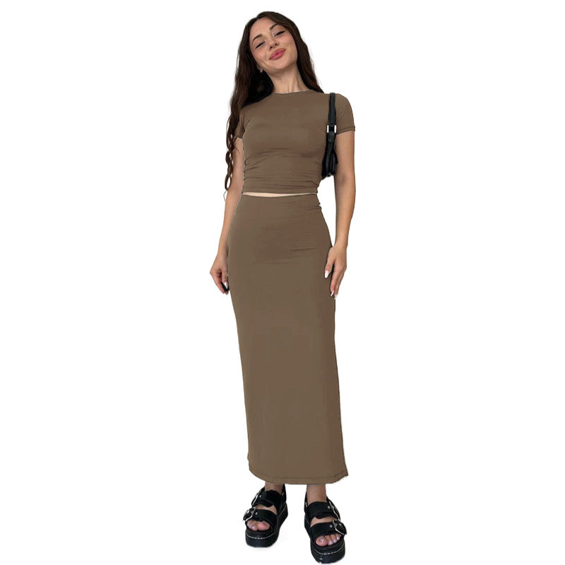 Summer Women's Fashion Casual Solid Color Round Neck Short Sleeve Top Long Skirt Set 10
