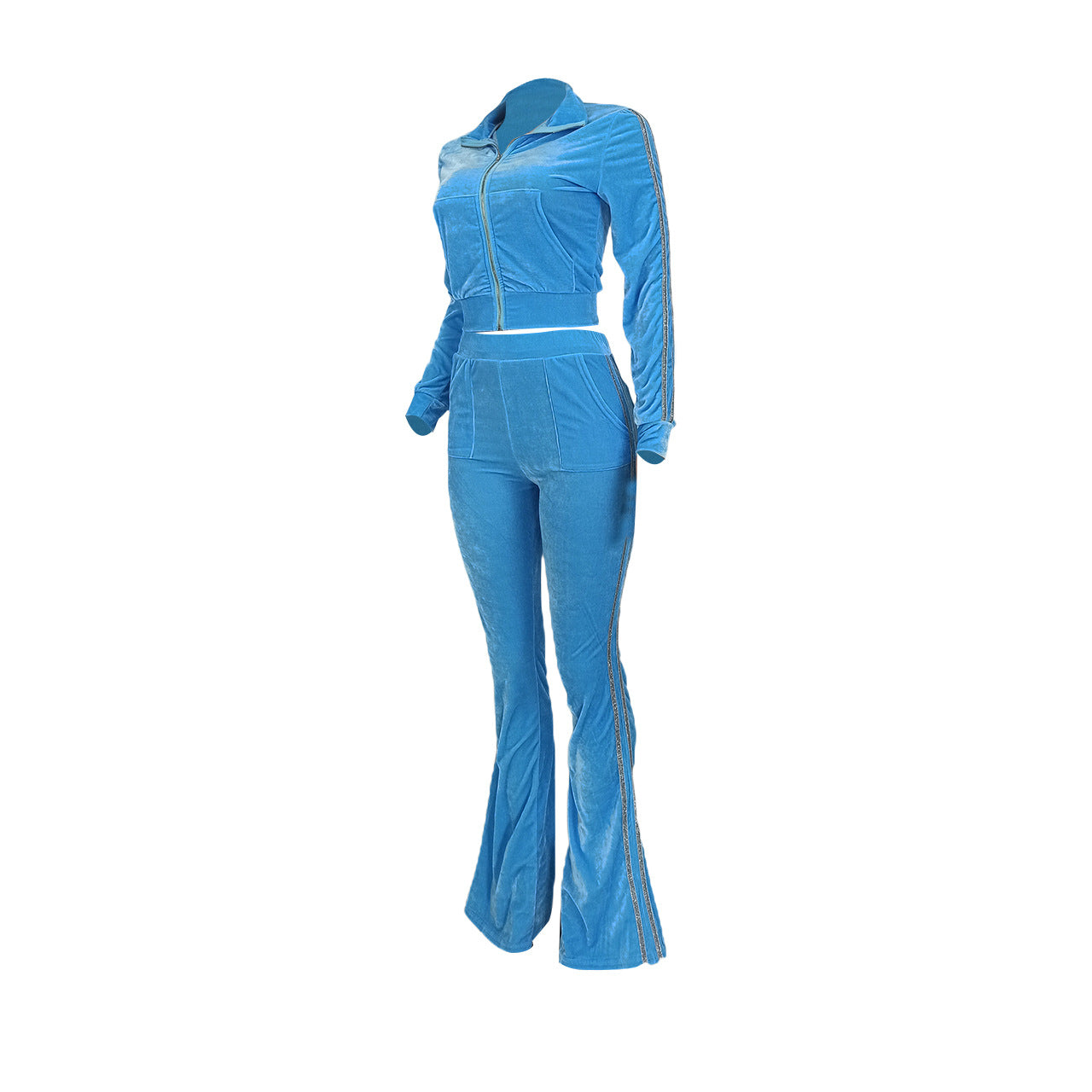 Women's Solid Velvet Casual Zip Top Wide Leg Pants Two Piece Tracksuit 57