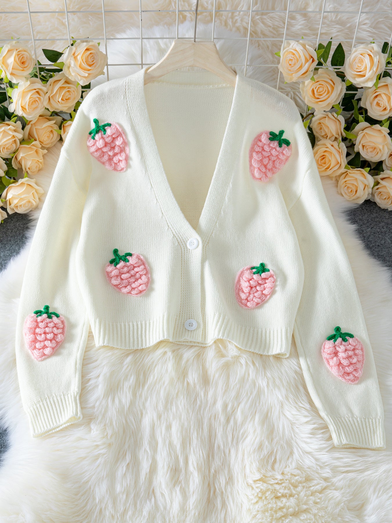 Strawberry Pattern Women's Elegant Knit Cardigan Fall Winter Button Long Sleeve Sweater 5