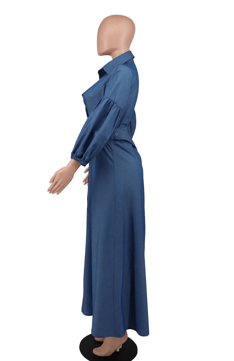 Women Fall Blue Long Sleeved Denim Shirt Dress 7