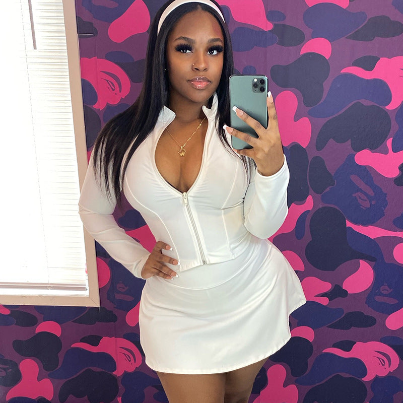 Women's Stand Collar Long Sleeve Slim-Fit Zip-Up Cropped Top & Short Skirt Two-Piece Set 8