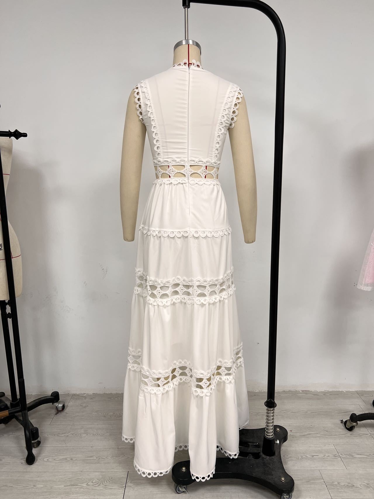 Hollow Embroidery V-Neck Long Sleeveless Casual Long Dress 8