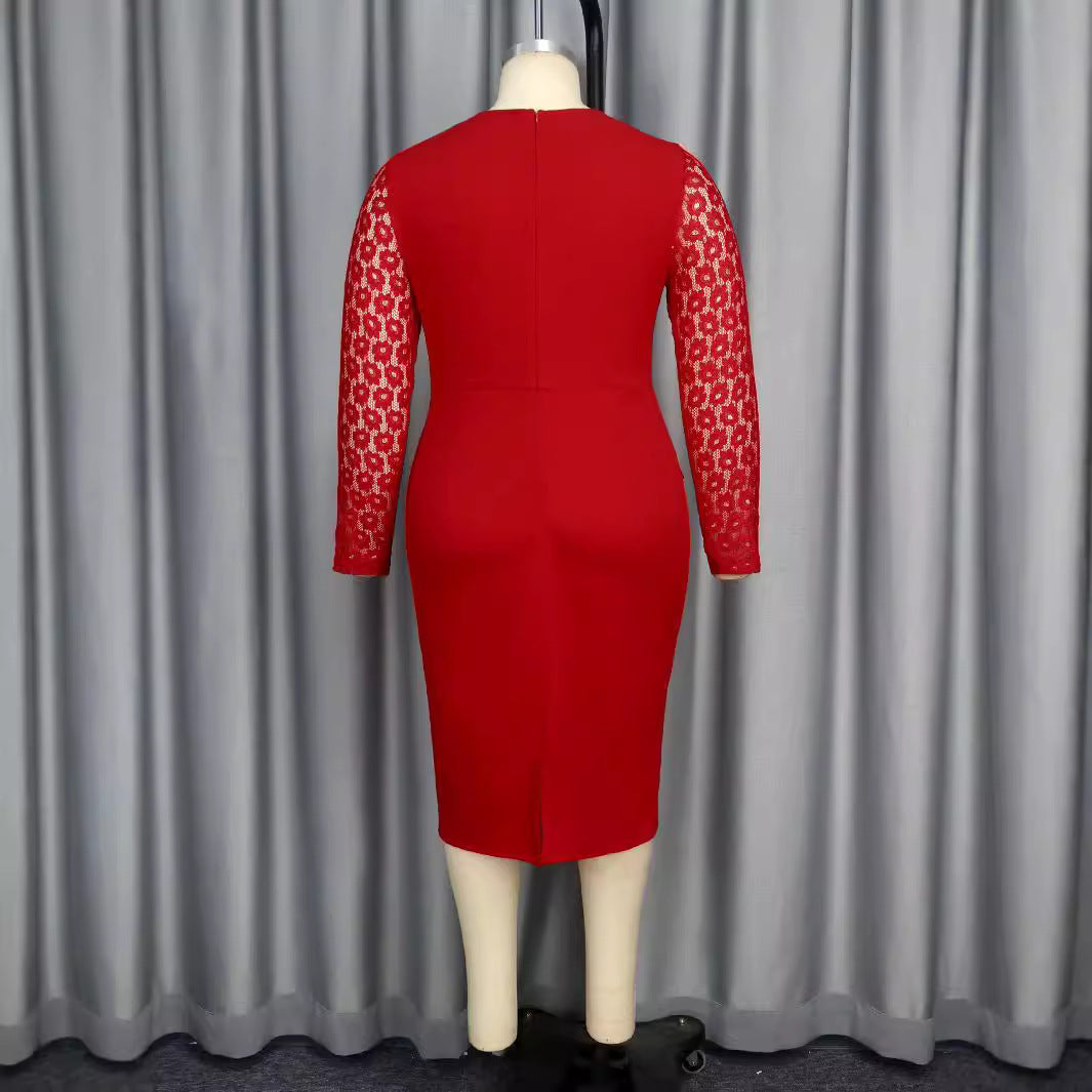 Lace Patchwork Round Neck Long Sleeve Bodycon Chic Beaded Formal Party Dress 4