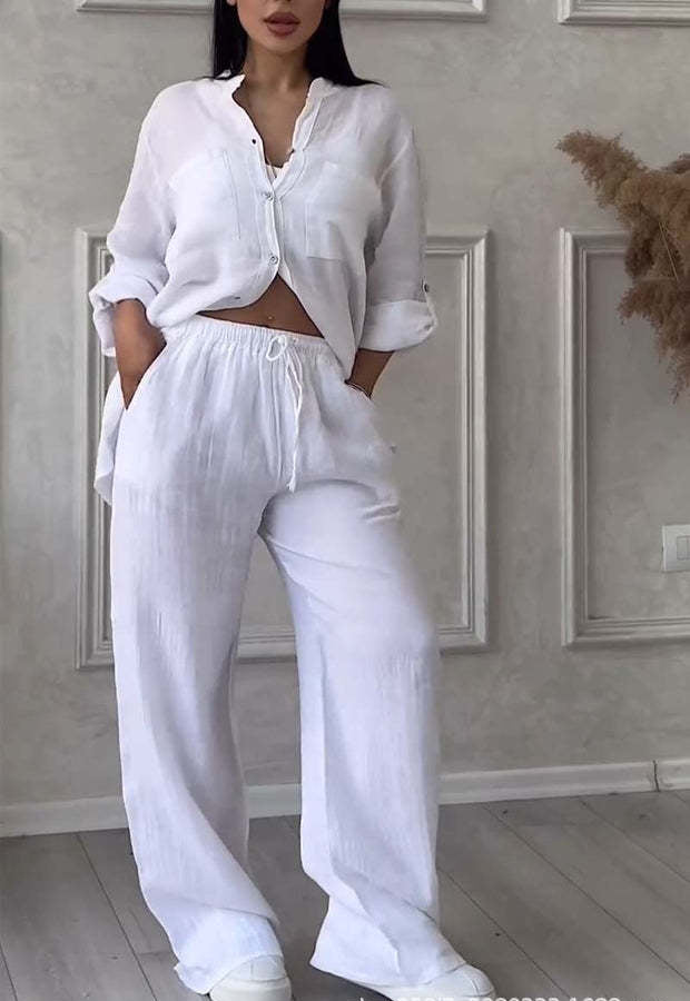 Women Casual Solid Shirt Wide Leg Pants Two Piece Set