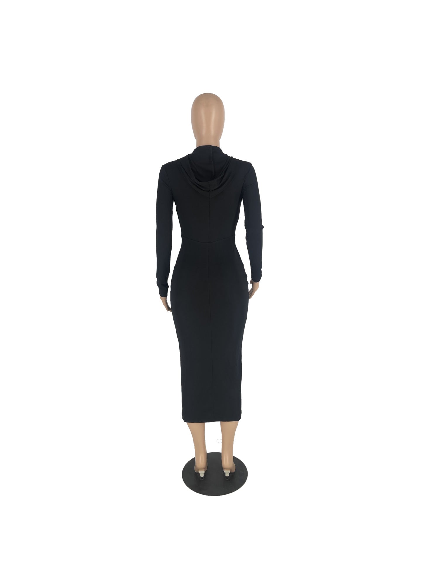 solid color long sleeve hooded zipper tight slim long dress 9