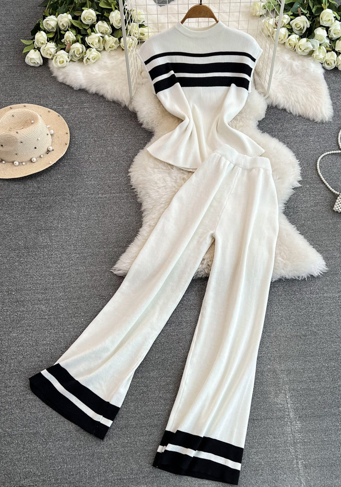 Fashion Women Sleeveless Slim Knitting Top Casual High Waist Straight Wide-Leg Pants Two-Piece Set