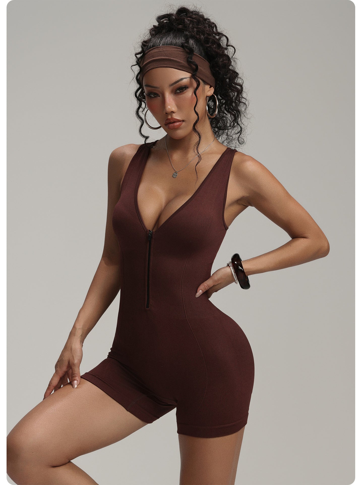 Zip-Up Short-Sleeve Dance Tight-Fitting Sports Jumpsuit 5