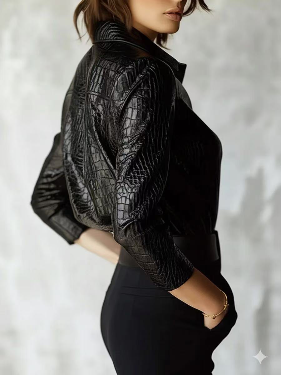 Women Pu Leather Shiny Snake Print Long-Sleeved Shirt 4