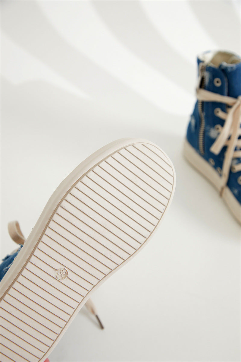 Platform Canvas Shoes Women's Washed Couple High-Top Shoes Ripped Denim Style Trendy Shoes For Men 19