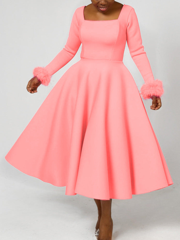 Winter Chic Elegant Fur Decorated Long Sleeve A-Line African Party Dress 10