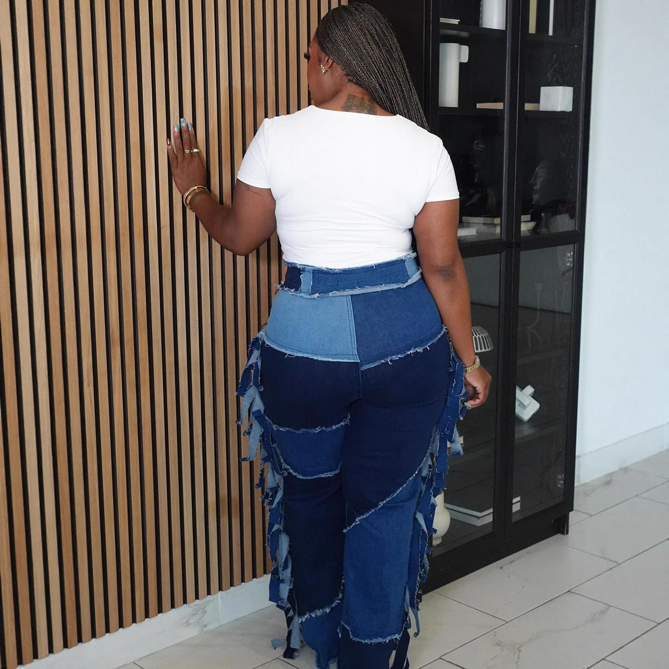 Women patchwork Colorblock Tassel Denim Pants 4