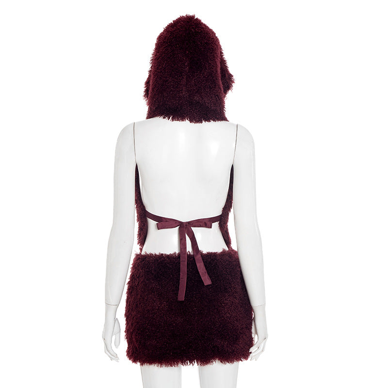Women's Faux Fur U-Neck Hooded Low Back Top & Skirt Two-Piece Set 20