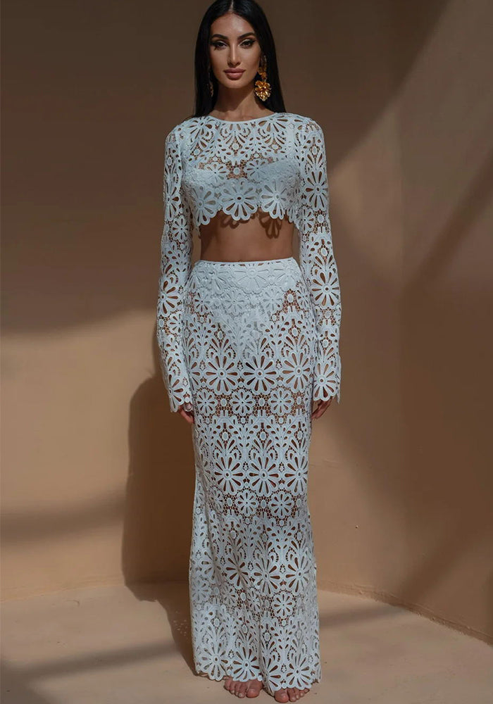 Women Beach Hollow Lace Top Skirt Two-piece Set