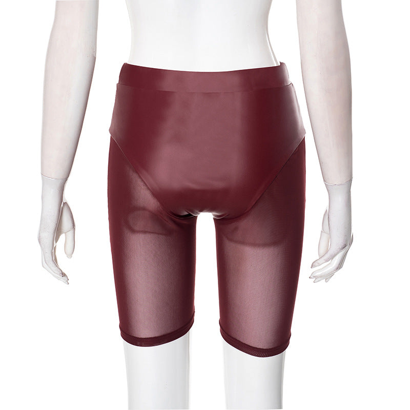 Spring & Summer Women's Solid Color Elastic Waist See-Through Mesh Leather Patchwork Tight-Fitting Knee-Length Shorts 13