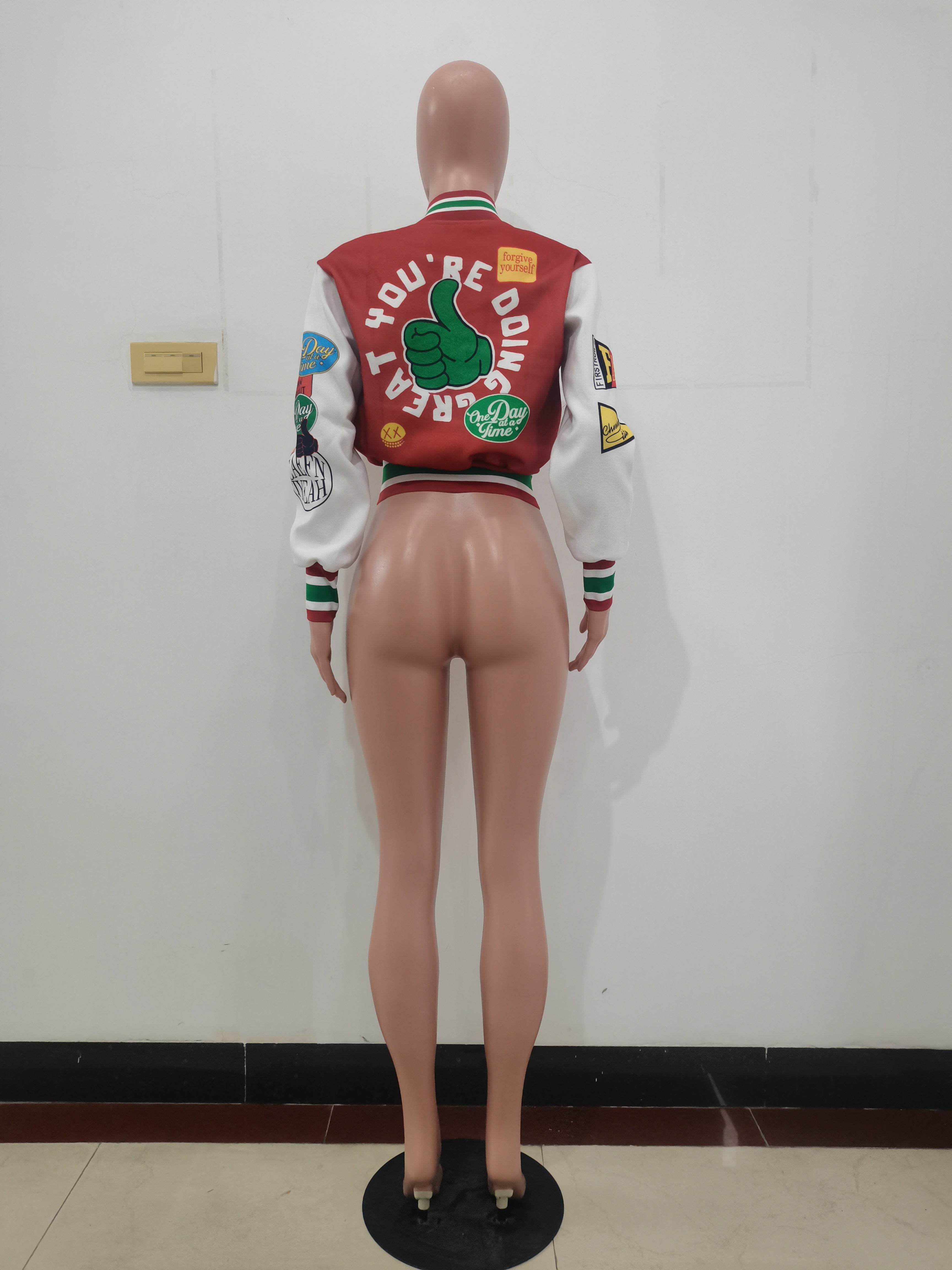 Positioning Print Ribbed Fashion Women's Top Baseball Jacket 25